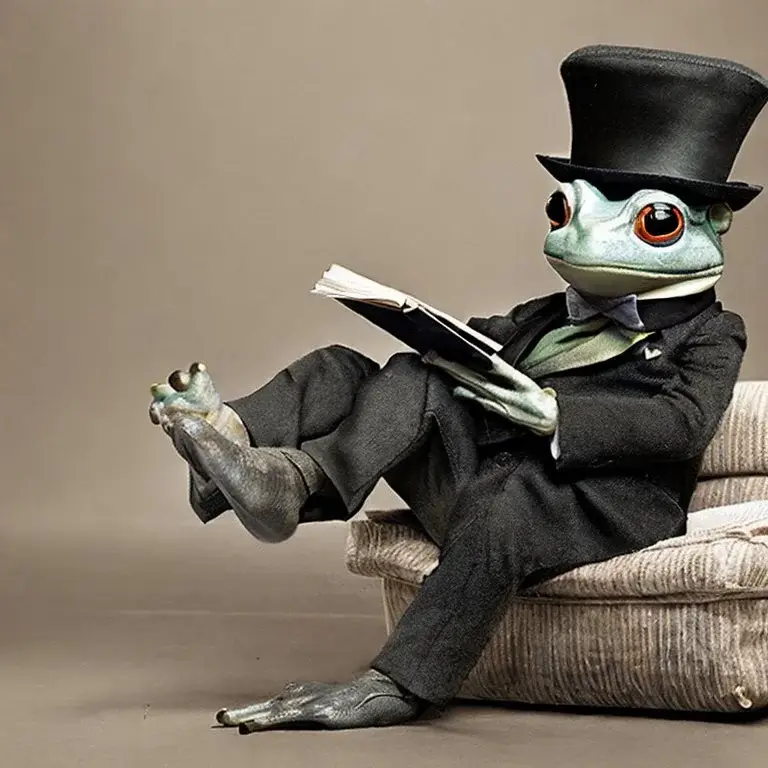 A frog in a posh suite read a novel, monocle and top hat
