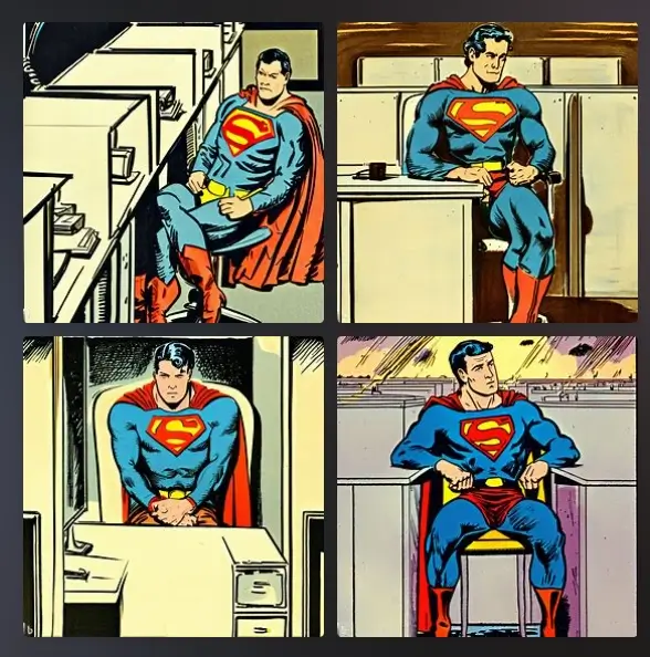 "Superman sitting at a cubical, 1930's comic".