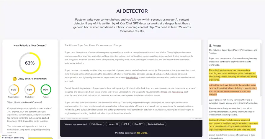 This AI Detector has detected some AI written content