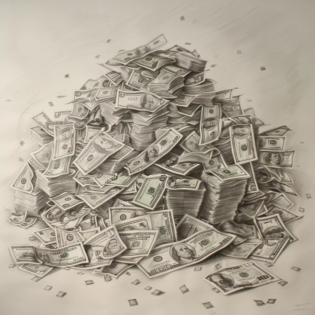 a pencil drawing of a pile of money